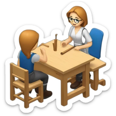 isometric woodworking teacher with student teaching sticker
