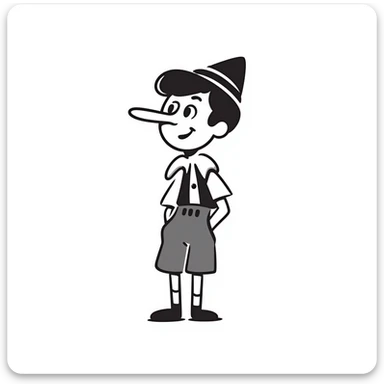 Hand-drawn Pinocchio puppet with a very long nose, wearing blue clothing and pointed hat sticker