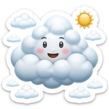 Cinematic Realistic Cumulus Emoji, Big and puffy, with cotton-like clouds floating in the clear blue sky. The rounded tops of the clouds glow with the light of the sun, while their soft, white texture adds a sense of calm and spaciousness. Soft glowing outline, capturing the essence of warmth, comfort, and peaceful skies in a perfect cumulus cloud! sticker