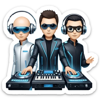Icon for Electronic Music: Jean-Michel Jarre, Moby, DJ Tiesto, and Jorn van Deynhoven performing with synthesizers, turntables, and futuristic lighting effects. The design should evoke the vibrant and immersive atmosphere of electronic music festivals. Transparent background. sticker