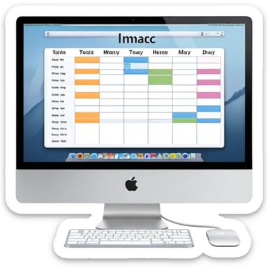 front-facing iMac showing a day schedule with vertical hours and horizontal client slots, several slots filled with color to indicate bookings sticker