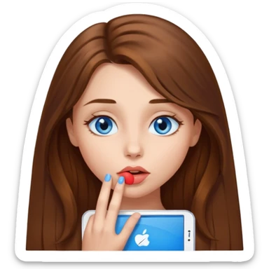 A girl with brown long hair and very blue eyes kissing the screen sticker