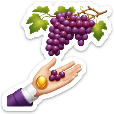 a single hand gently picking a perfectly ripe glossy purple grape from a vineyard under golden sunlight, luxury style, minimal shading, elegant emoji style sticker