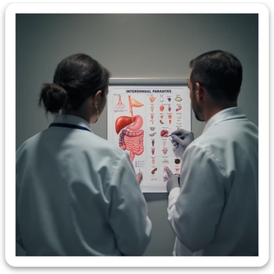 realistic, cinematic photo: two doctors in white coats, seen from behind, studying a chart of intestinal parasites, dramatic clinical light, 2:3 aspect ratio sticker