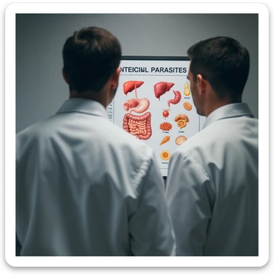 realistic photo, two doctors in white coats from behind, looking at a medical chart showing intestinal parasites, cinematic lighting, 2:3 aspect ratio sticker
