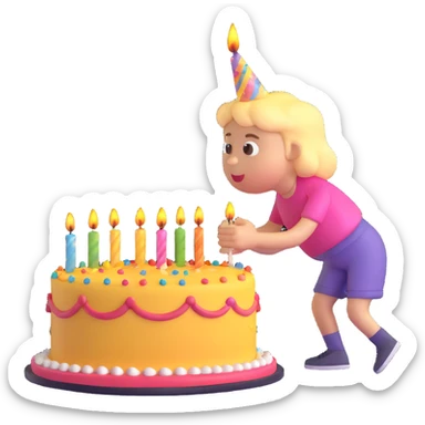 a person blowing out candles on a birthday cake, 3D emoji style sticker