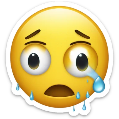 Round yellow emoji with dotted eyes that is grinning while sweating and a tear drops from one eye sticker