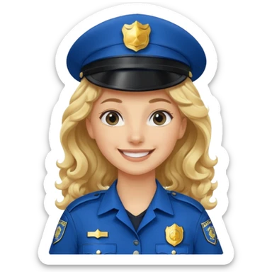 Female POLICE IN blue, long blonde curly hair, happy smile sticker