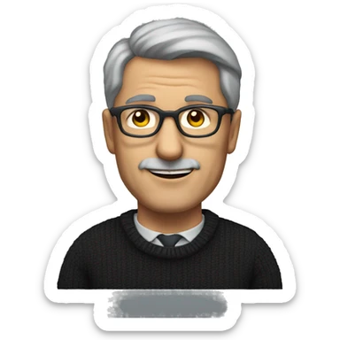 a European middle-aged man wearing glasses, a dark sweater, no mustache sticker