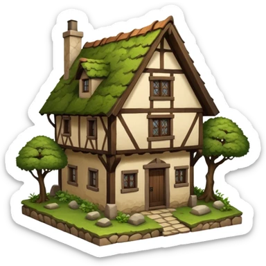 An old half-timbered village house with a tiled roof. The roof is dark brown. Moss, plants, tree sticker