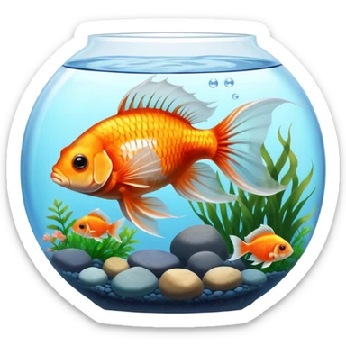 Large aquarium fish like veil tails and lionhead goldfish swimming gracefully in a beautifully decorated aquarium. Colorful aquatic plants, smooth rocks, and gentle bubbles surround the fish. The water shimmers in sunlight, creating a peaceful and vibrant underwater scene. Transparent background. sticker