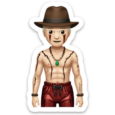 Freddy Krueger with burned skin, dark brown sequin baggy pants, shirtless with necklace sticker