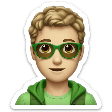 A young white boy with green cloth and green sunglasses with brown hair sticker