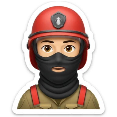 
an Iraqi soldier with a serious face, wearing a helmet and a balaclava covering his mouth sticker