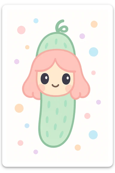 playful illustration of a cucumber character with a girl's face and hair, cute and whimsical style sticker