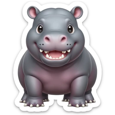 cinematic-hippo-realistic-full-body-side-view-standing-on-all-fours-emoji,-massive-round-frame,-wide-mouthed-grin-exposing-huge-teeth,-head-tilted-dramatically,-thick-grey-hide-glossy, big cute eyes sticker