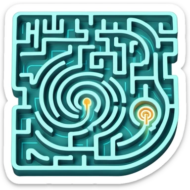 An icon showing an aerial view of a maze, with winding paths and dead ends, symbolizing indoor and city-based escape rooms. A glowing arrow points the way forward, representing the challenge of solving puzzles and finding the exit. .transparent background. sticker