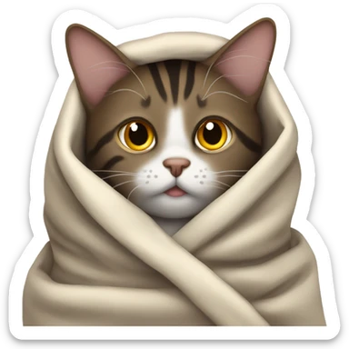 dark brown tabby cat wrapped in blanket sticker