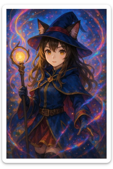 realistic anime catgirl in a fantasy mage outfit, glowing staff, magical effects, vibrant background sticker
