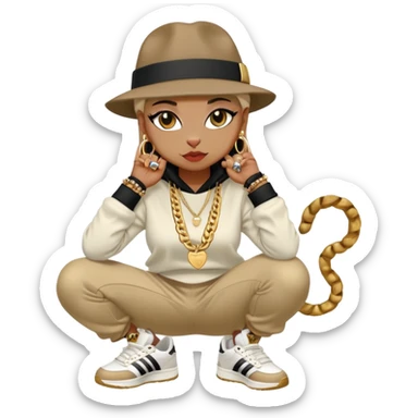 female cat wearing Run DMC hip-hop outfit with tracksuit, fedora, Adidas sneakers, many gold chains, rings, bracelets, flashy earrings, whispering to a friend, no sunglasses sticker