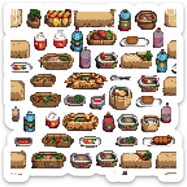 a serving of ethnic street food, wrapped in paper, pixel art style sticker