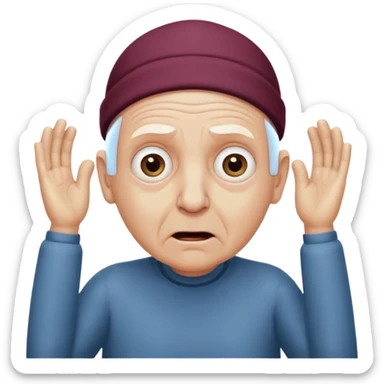 A bald person who’s very old is staring, he’s inside a toilet and his head is upright and looking at the camera with very wide eyes and his hands are putting pressure on his head, very scared expression and he’s shaking his butt sticker