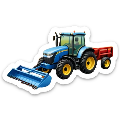 An icon representing a farming simulator, with a detailed tractor, plowing fields under a bright sky with a colorful rural landscape. The design includes farming tools, crops and barns, symbolizing the immersive experience of managing a farm. Transparent background. sticker