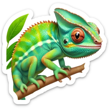 cinematic cute-smiling baby chameleon-realistic emoji,-blending-with-vibrant-greenery.-detailed-scales-in-shifting-colors,-showing-the-chameleon’s-ability-to-camouflage.-soft-natural-light-highlights-its-texture.-light-background, zoomed into its face sticker