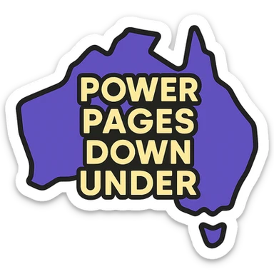 modern clean icon of Australia map with no border, text 'Power Pages Down Under' in bold geometric font, color scheme #403DAD, vibrant purple, #fff7ad, no Power Pages icon, no digital overlays sticker