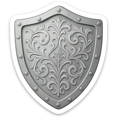 Add elegant engravings to the silver shield while keeping the very light silver color. No gold or gems. The style should resemble emoji style with a transparent background. sticker