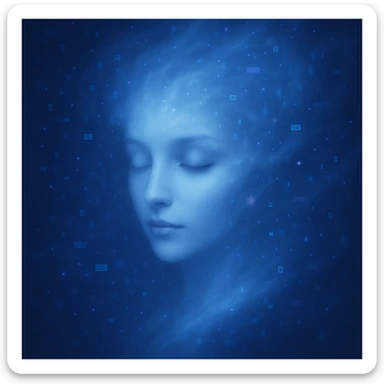 Make the swirling cloud of data and light look more human, with a clearer, gentle human face emerging from the data, keeping the dreamy, ethereal style. sticker