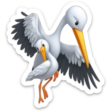 stork delivering a white human baby boy in fabric held in its beak sticker
