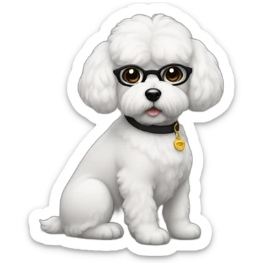 mujer con gafas pelo negro moño y perro bichon blanco sticker