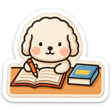 Transform the image into a WhatsApp sticker style by removing the background and leaving only the cute dog studying, with a white border around for sticker effect. sticker