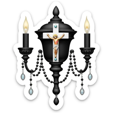 Victorian black sconce with silver rosary hanging off sticker