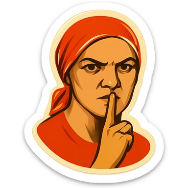 stylized emoji inspired by USSR 'не болтай' propaganda poster, woman with finger to lips, bold graphic style, Soviet poster aesthetic sticker