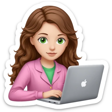 make a picture in ios 18 style of a white girl with brown long wavy hair and green eyes wearing pink pajamas and working on a laptop sticker