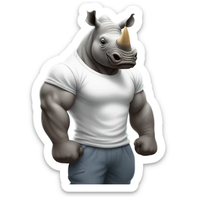 A rhino flexing his muscles with a t shirt and joggers sticker