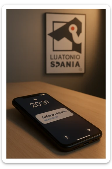 A photo of an iPhone with the message "Antonio Anania" on its scree, both surrounded by soft light and shadow. The phone sits atop a desk with a blurred background that suggests work environment. A faint glow from above casts gentle shadows across the surface of each object, creating depth and highlighting their textures. sticker