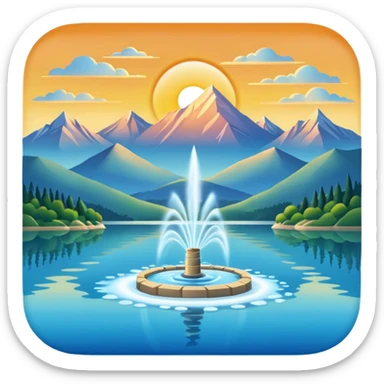 Please generate an image of a sunrise illuminating a lake with a huge water jet like that in the Geneva lake and some mountains in the background. sticker