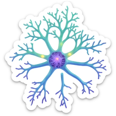 Realistic 3D neuron diagram with blue cell body, purple dendrites, green axon with myelin sheath, surrounded by glowing protective aura, scientific illustration with depth and detail sticker