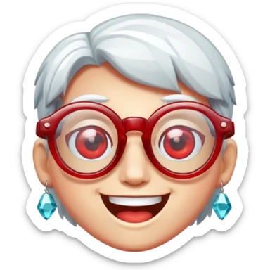 A single crystal gemstone character wearing glasses, chunky and irregular with faceted very sharp sides, [red], big glossy eyes behind the glasses and a wide happy smile, , high detail, soft lighting, centered on a plain dark background sticker