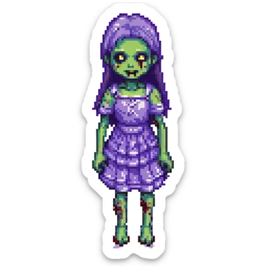 pixel art zombie girl, purple dress, missing arm, playful expression sticker