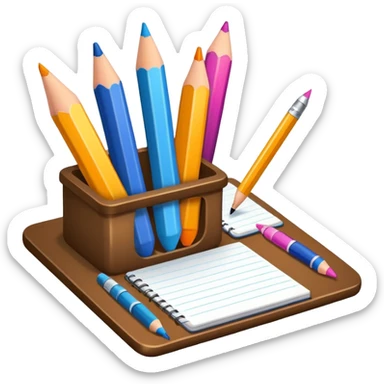 vibrant and detailed icon symbolizing cartooning. The design should feature elements like a pencil, a sketchpad with exaggerated caricatured faces or figures and artistic tools like ink bottles or markers. Use bold, bright colors to reflect the playful of caricature art. transparent background sticker