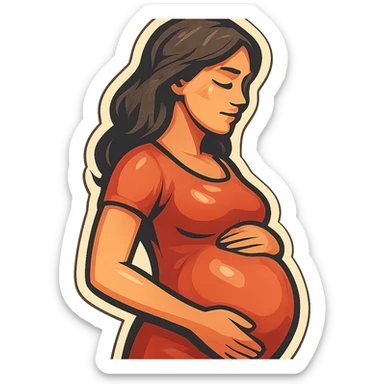 pregnant woman half-length portrait, standing sideways, holding belly, face and head fully in frame, retro stickers style, soft rounded shapes, expressive contours, vintage color palette, light paper texture, shadows and highlights, transparent background sticker
