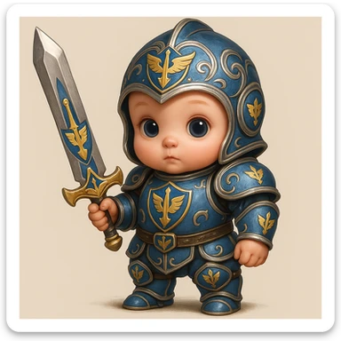 Incorporate a Demacian crest onto the ornate blue and silver armor and sword of the cute baby knight, in a style that matches the original image's cute and noble baby knight appearance. sticker