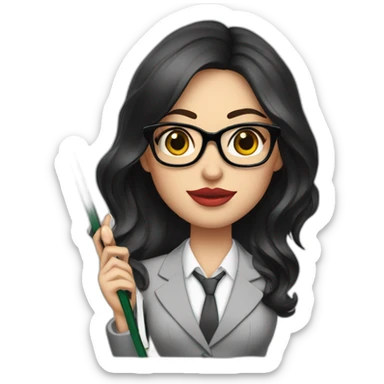 megan fox in a suit with big black thick border glasses holding a ruler sticker