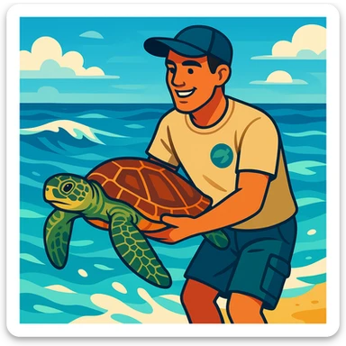 male marine conservationist releasing a sea turtle with ocean background vibrant semi-realistic illustration style sticker
