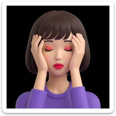 A young Asian woman with short, dark brown hair with bangs, neutral facial expression, closed eyes, vibrant red lips, light beige skin tone, close-up portrait, plain white background, cartoon-like and stylized, bright and saturated colors, even and flat lighting, neutral atmosphere, 3D emoji style. sticker