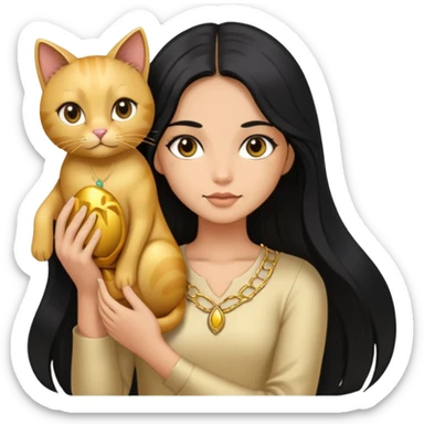 girl with long black hair with dark eyes and a gold cat sticker